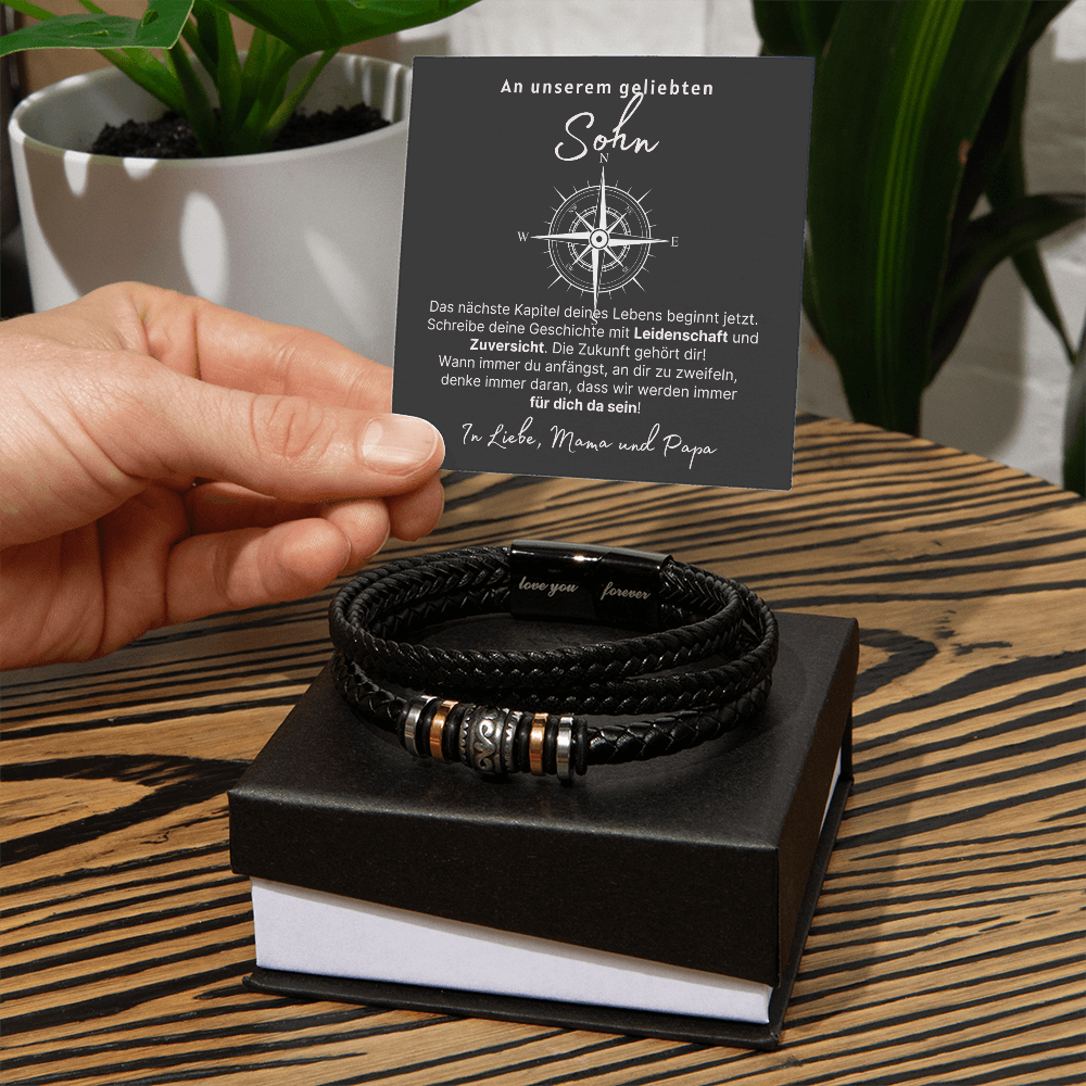 Persönliches Geschenk aus Edelstahl und veganem Leder Für den Sohn - Geburtstag, Abschluss, Weihnachten, Ewige Liebe Armband