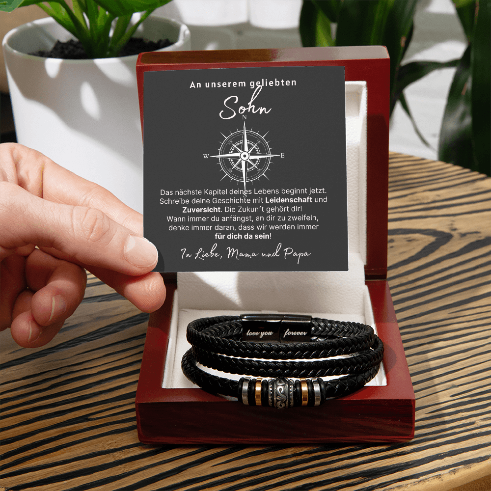 Persönliches Geschenk aus Edelstahl und veganem Leder Für den Sohn - Geburtstag, Abschluss, Weihnachten, Ewige Liebe Armband