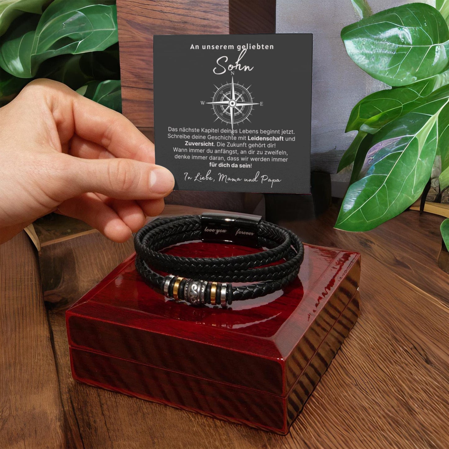 Persönliches Geschenk aus Edelstahl und veganem Leder Für den Sohn - Geburtstag, Abschluss, Weihnachten, Ewige Liebe Armband